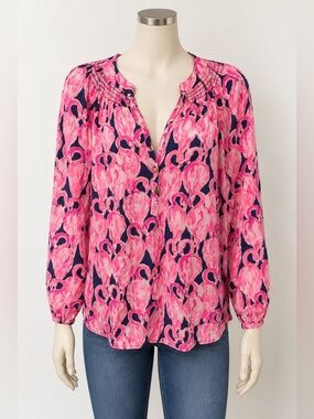 LILLY PULITZER Elsa Pink & Navy Flamingo Silk Blouse size small